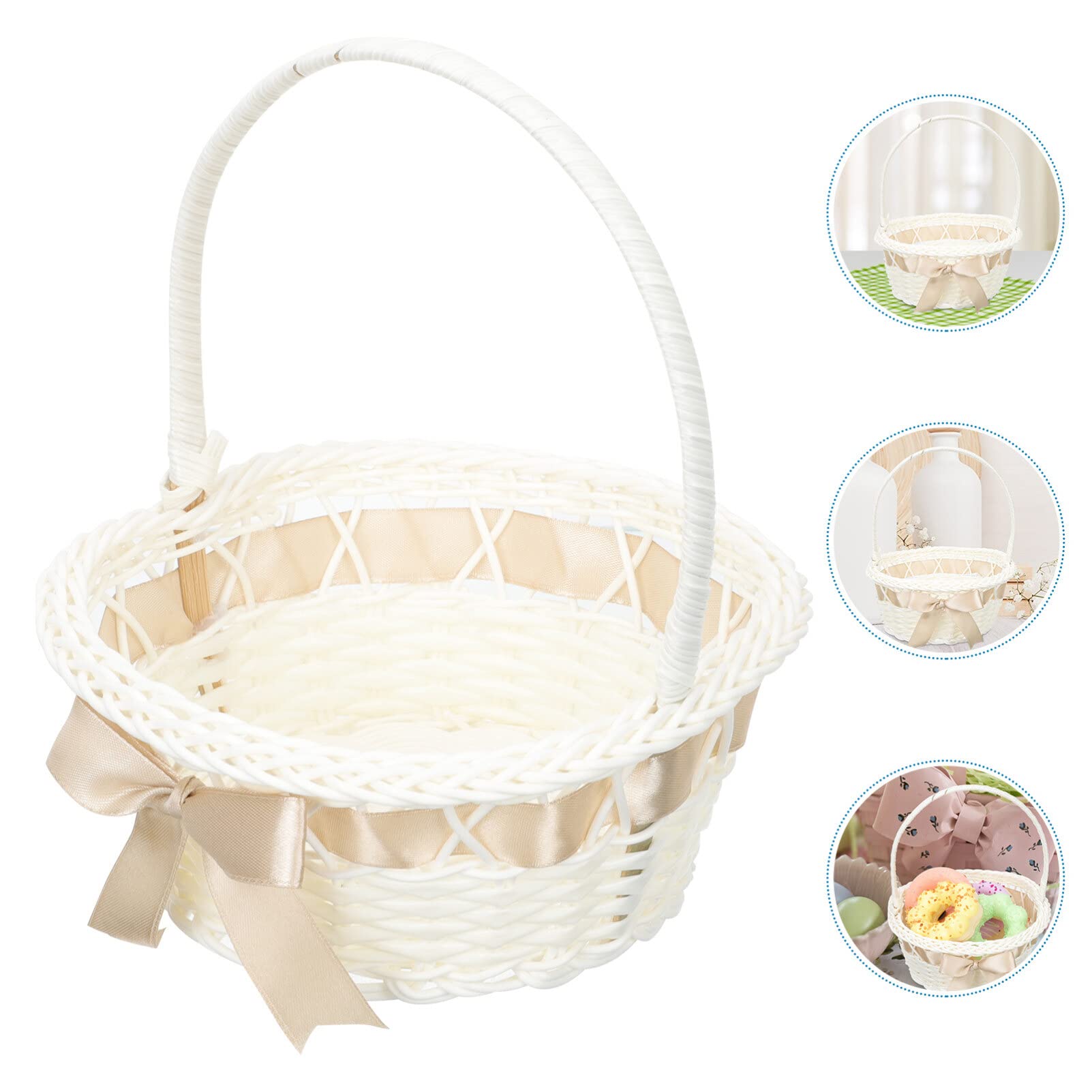 NOLITOY Rattan Flower Basket Lace Bowknot Wedding Flower Girl Basket Fruit Candy Holder Container for Wedding Bridal Shower Ceremony Party Supplies