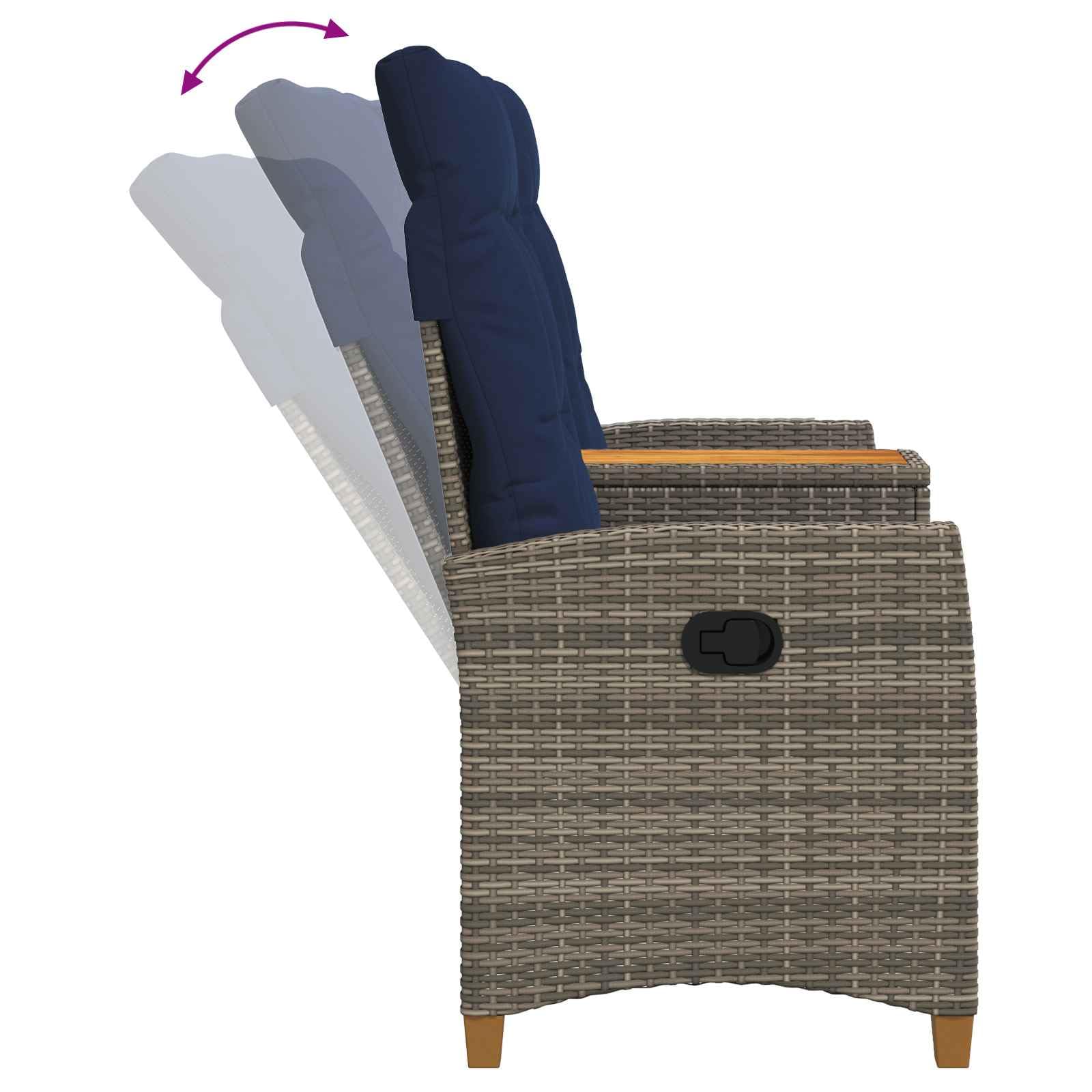 Gartenbank mit integriertem Tisch, Rattan-Optik Sitzbank mit Verstellbarer Rückenlehne, Poly-Rattan Liegebank für Terrasse und Garten, Grau und Marineblau, 126 x 65 x 112 cm