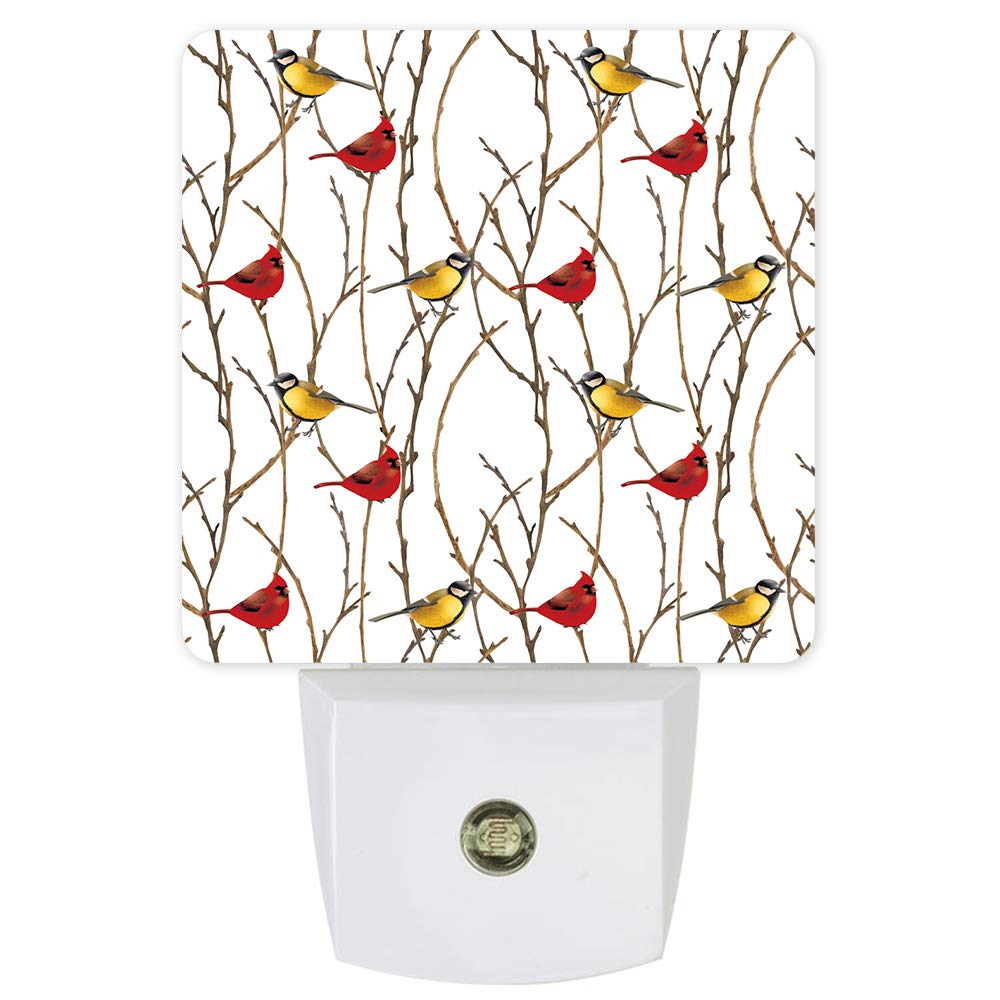 LED Plug-in Night Light Auto Dusk to Dawn Sensor Decor Christmas Red Cardinal and Yellow Bird Lamp for Bedroom,Bathroom,Kitchen,Hallway,Stairs,Hallway Natural Branches