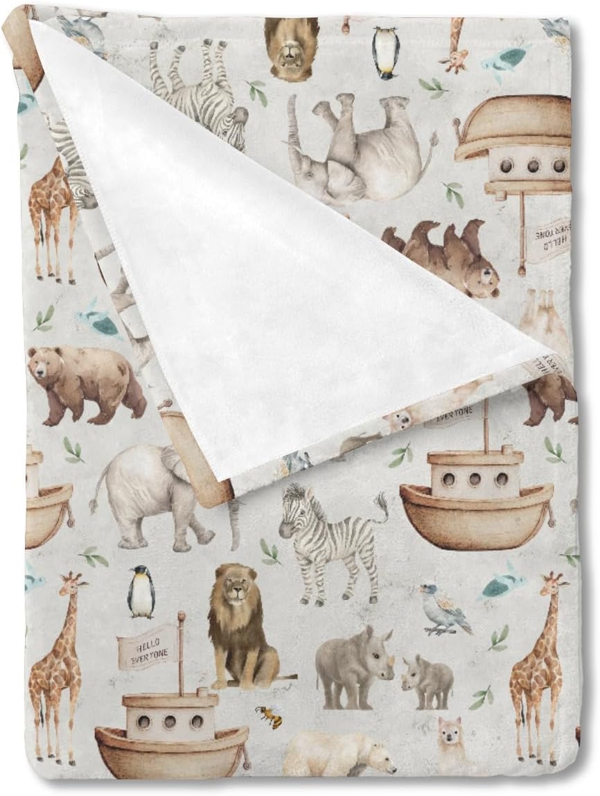 HawSkgFub Noah’s Ark Animal Boat Religious Baby Blankets Boy Girl Shower Gift, Elephant Bear Giraffe Ship Flannel Fleece Nursery Bed Receiving Swaddle, Soft Newborn Infant Toddler Crib Bedding 50 x 60