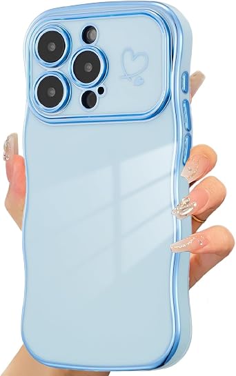 Guppy for iPhone 16 Pro Case for Women Girls, Cute Wave Frame Curly Shape with Love Heart Pattern Raised Camera Protection Cover Soft TPU Luxury Plating Shockproof Phone Case, Blue