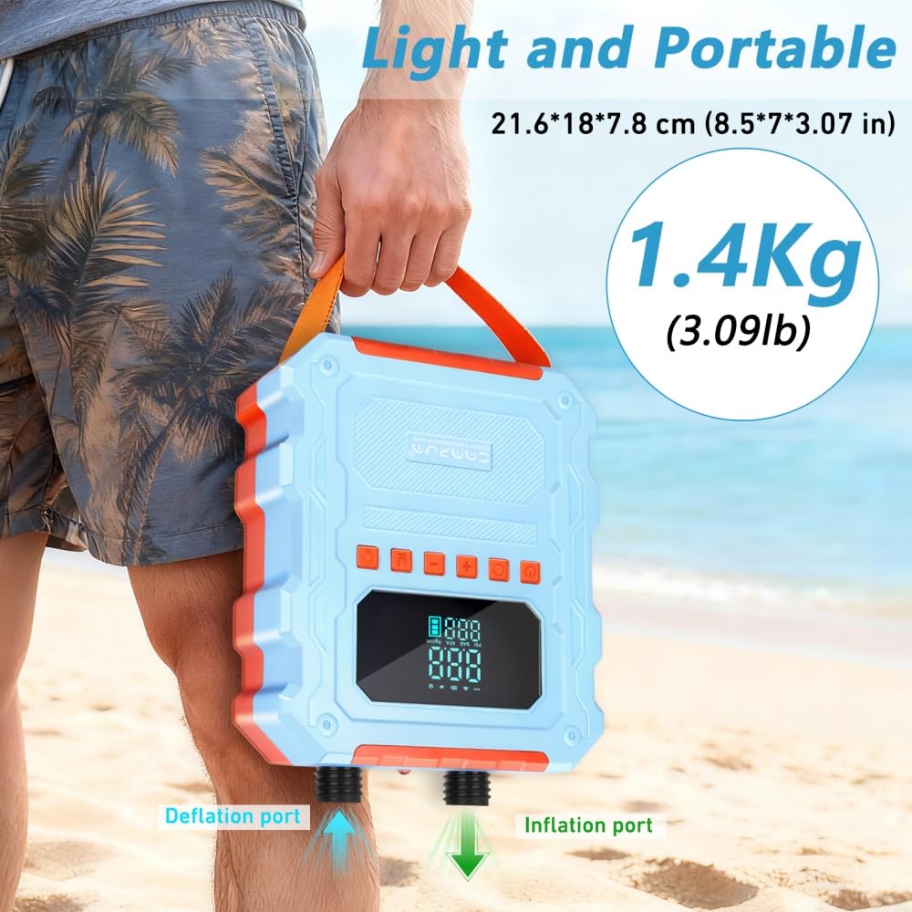 KinZon Pompa ad Aria Elettrica 60 PSI Alta Pressione per SUP, ricaricabile, compatibile con presa auto 12V, spegnimento automatico, gonfiaggio/sgonfiaggio, per paddle, kayak e pneumatici