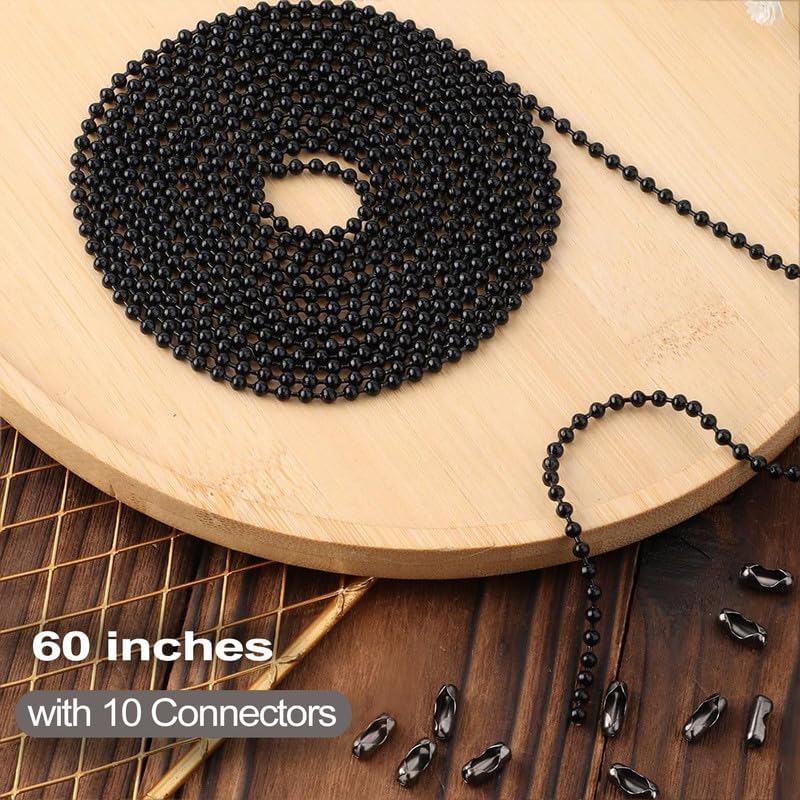 Black 60" Ceiling Fan Pull Chain Extra Long Rust Proof 3MM Beaded Ball Light Pulls Extension Ornament Chains with 20 Connectors