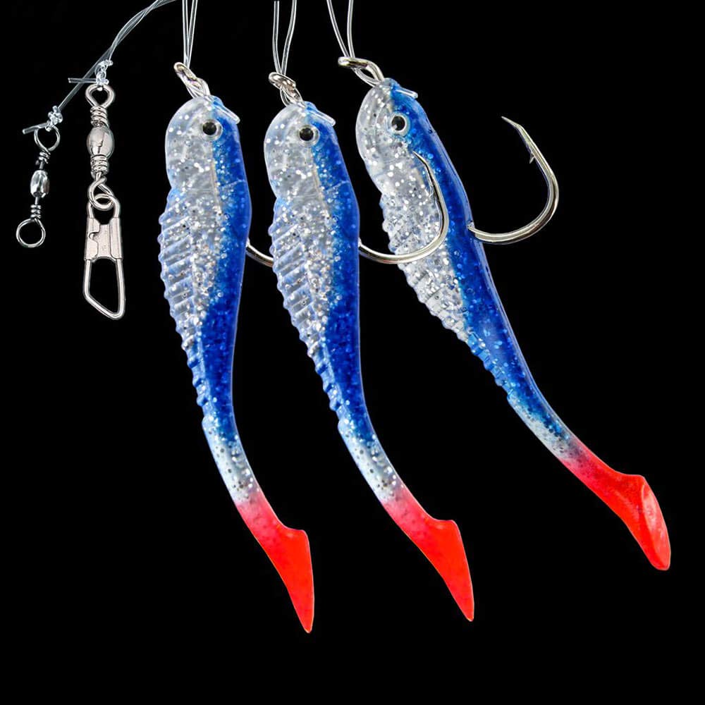 DEGA - 3er Gummifisch-Vorfach mit Reflexfolie, aus 3 Gummifischen, DREI Farben, Schnur 0,80mm, Hakengröße 7/0