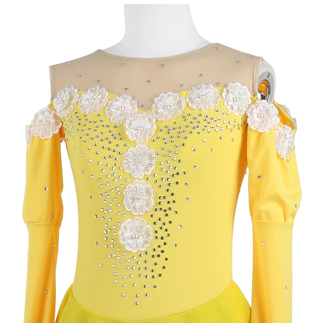 ‌Vestito da Competizione Pattinaggio Artistico Bambine - Abito Esibizione con Bianco Floreali, Strass & Orlo Elasticizzato per Gare/Allenamento