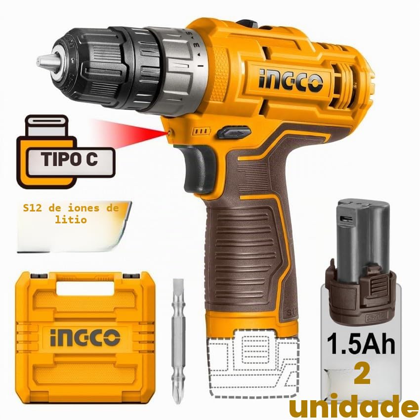 INGCO Taladro inalámbrico de 12 V, 2 baterías de iones de litio de 12 V y 1,5 Ah, cable USB tipo C, no incluye cargador - Modelo: CDLI12202