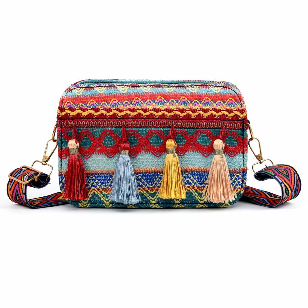 Handmade Embroidered Crossbody Sling Bag for Women, Boho Ethnic Fabric Mini Shoulder Bag with Tassels, Adjustable Strap, Zipper Closure, Travel and Daily Use-image-1