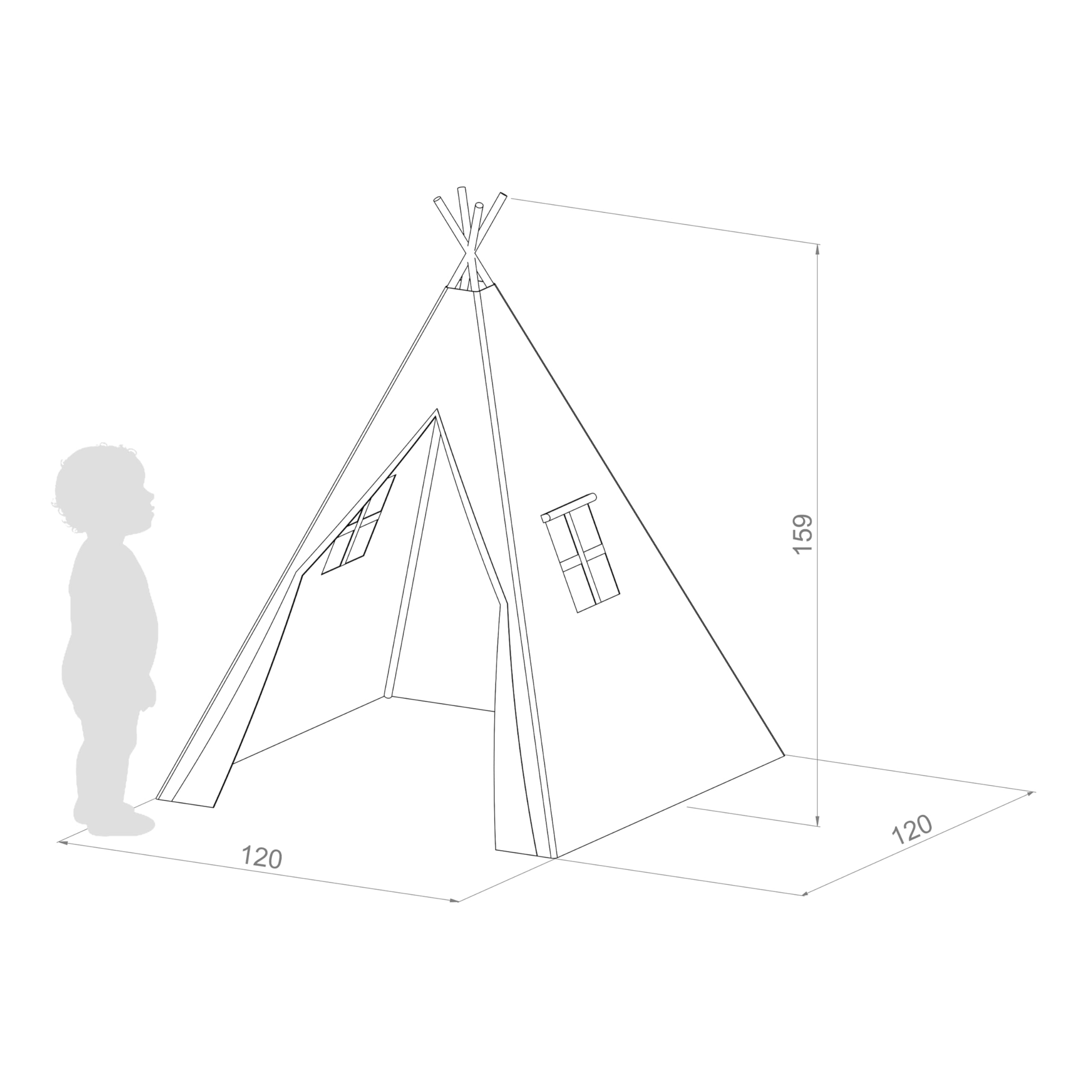 Sunny Alba Tipizelt für Kinder in Grau |Tipi/Wigwam Zelt mit Boden für Kinderzimmer | Spielzelt aus Baumwolle 120x120 cm