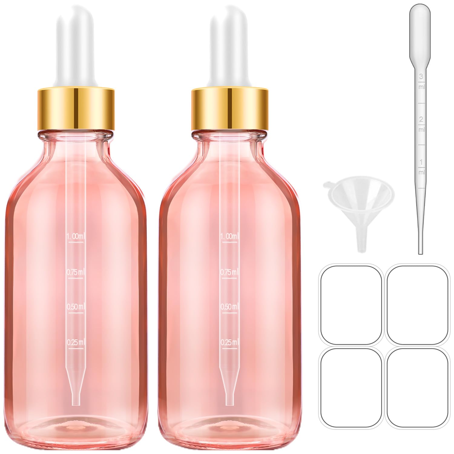 Bumobum Glass Bottle with Dropper, 4 oz Pink Tincture Bottle for Essential Oils with Labels and Funnels, 2 Pack Eye Dropper Bottles with Golden Top (Unbreakable Plastic Eye Dropper with Measurements)