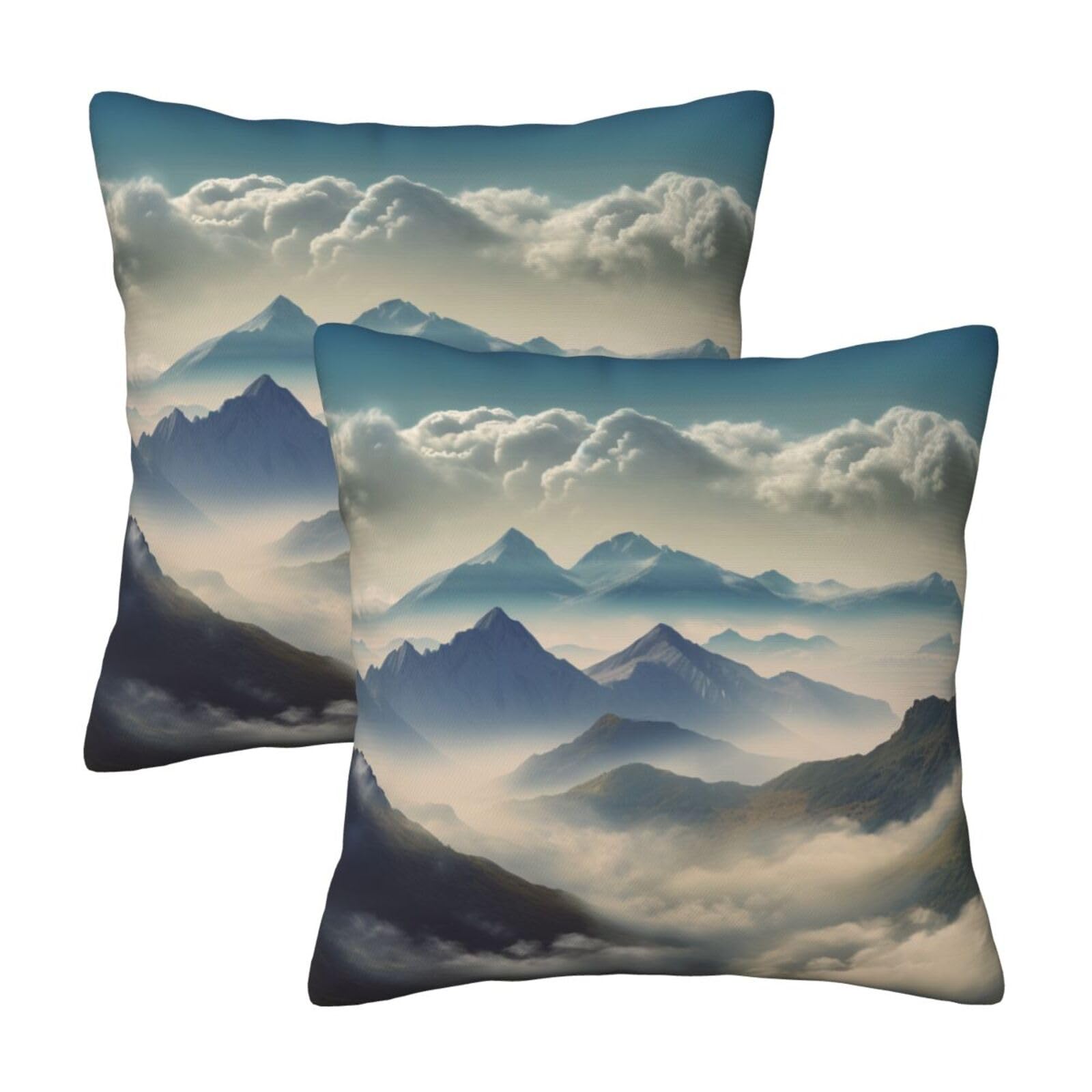 Landscape with Mountains and Clouds Throw Pillow Cases 2 Pack Square Pillowcases Soft Pillow Protectors for Couch Livingroom Sofa Bed Office Car,30x30 CM