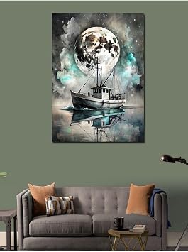 Tablo Mega Kanvas Tablo Balıkçı Teknesi Ve Dolunay 50 X 70 Cnvsdkey-116933-50-70