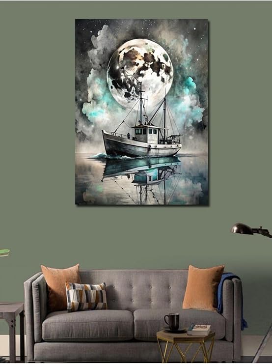 Tablo Mega Kanvas Tablo Balıkçı Teknesi Ve Dolunay 50 X 70 Cnvsdkey-116933-50-70