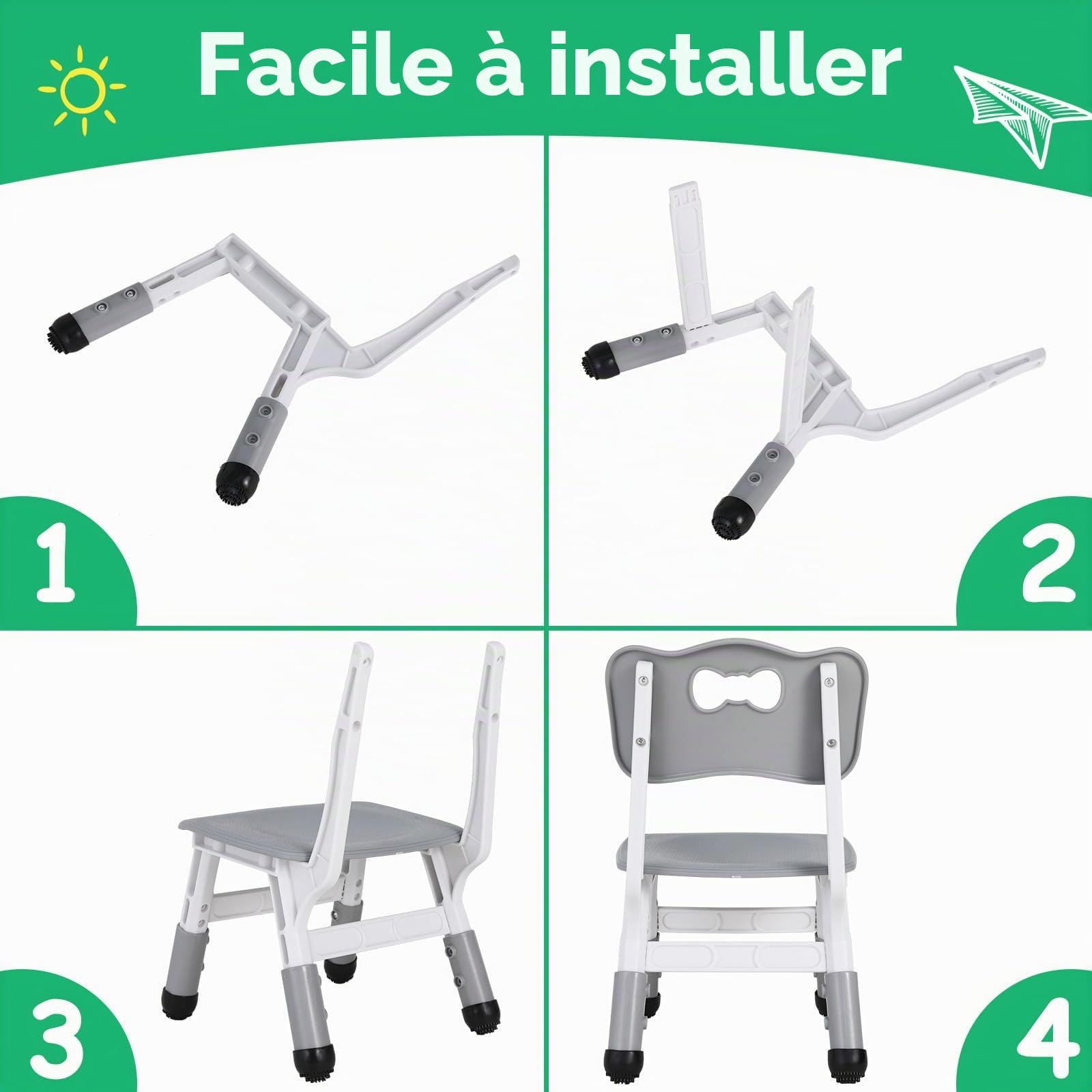 2PCS Chaise de Bureau Enfant Réglable en Hauteur - Tabouret Plastique Capacité 100kg pour Fille Garcon, Chambre/École/Garderie, Gris