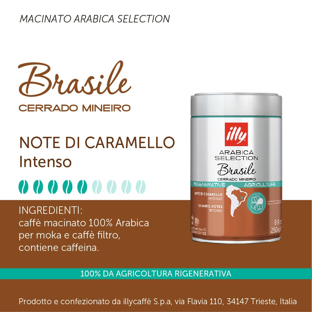 illy Caffè macinato moka 100% Arabica, barattoli da 250gr. - 3x tostato classico + 2x tostato intenso + 1x Arabica Selection Brasile Cerrado Mineiro