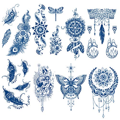 100% Plant-Based Ink Feather Tattoos, 8-Sheet 2 Weeks Long Last Semi Permanent Tattoos, Matte Finish, Waterproof Realistic Look that Fades Naturally Tattoo Stickers for Adults Women Girls Kids