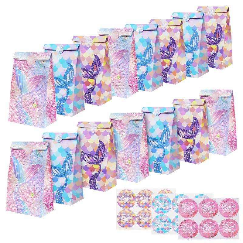 AMFUN 15 Piezas Bolsas de Papel para Regalos de Sirena de Fiesta con Pegatinas, Regalos para...
