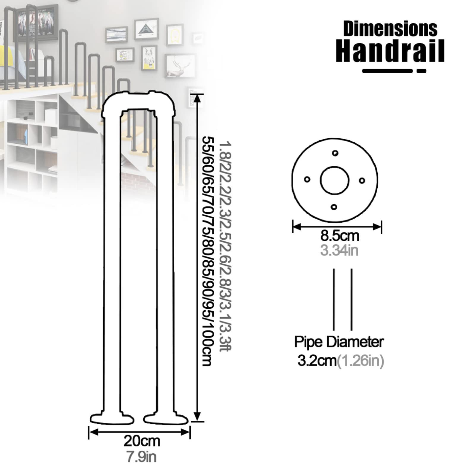Pasamanos de Hierro Forjado en Forma de U Barandilla de Escalera Negra Mate Exterior Barandilla de Seguridad de Escalera Industrial para Garaje Exterior Escalera Exterior Interior,75cm