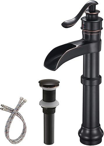 Grifo de fregadero de recipiente de una sola manija con montaje de drenaje desplegable y manguera de suministro, sin plomo, cascada de baño, grifo