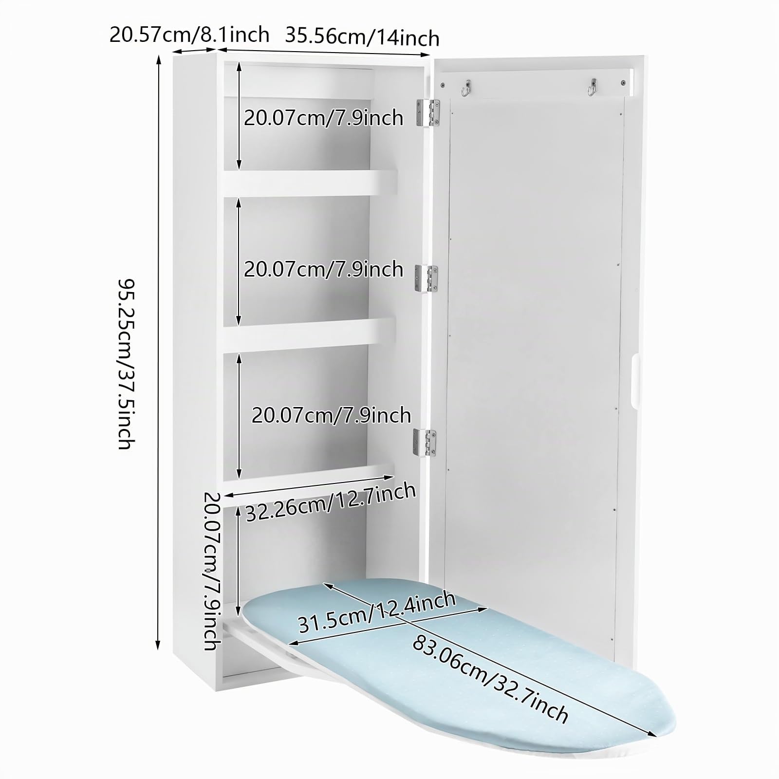 Wall Mounted Ironing Board Cabinet, Bügelbrett Schrank, 180° schwenkbare Metallbasis & Spiegel, klappbar und versteckt, platzsparend