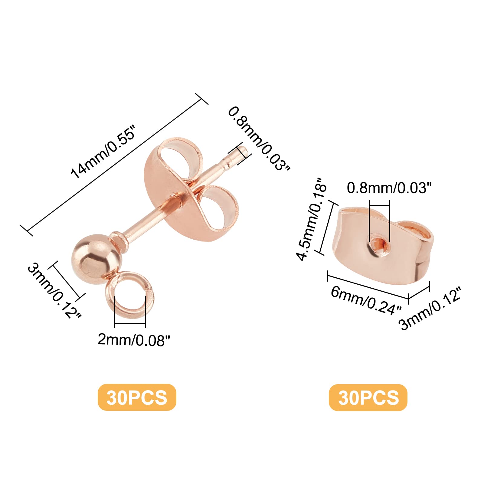 50pz Componenti Orecchini In Acciaio Inossidabile - Perni A Sfera 0.7 Mm, Dorati, Per Fai Da Te
