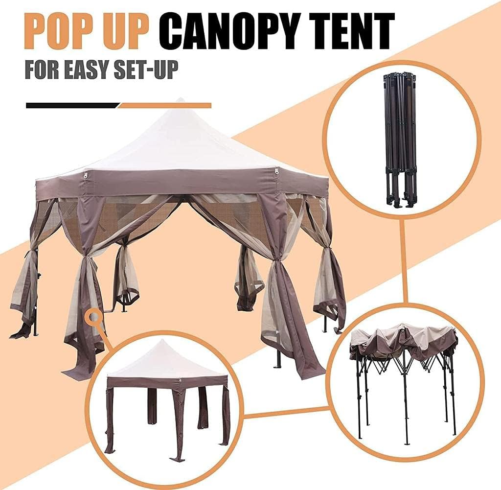 12' x 12' Outdoor Metal Pop up Waterproof 6 Door Gazebo with Netting - 6 Door Canopy Patio Tent with Iron Frame