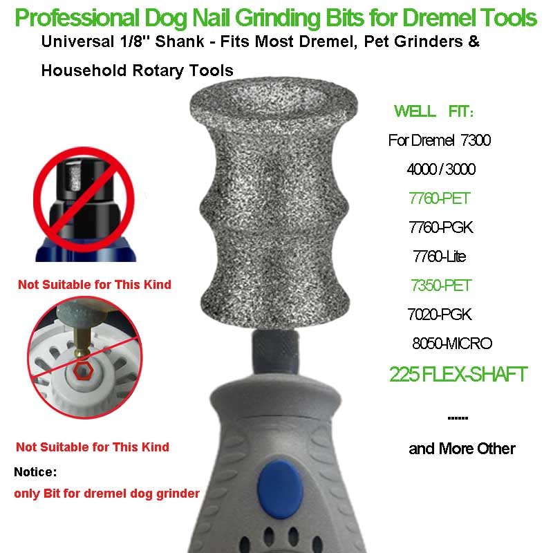 Image of Diamond Dog Nail Grinder Bits Attachments for Dremel 7760 7350 7300 - 1 /8'' 80 Grit Replacement Heads Refills & Tip for Most Pet Grinders - Painless & Safe for All Dogs Cats Thick Tough Nails Grooming | Safe Grooming Diamond Bit, Smooth Thick Dog Nails, Prevents nail damage, eases pet stress, compatible with Dremel Tools