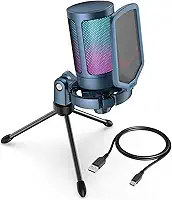 FIFINE Microfone USB para PC com streaming de jogos para Mac OS/Windows, microfone cardioide condensador com RGB para gravação de vídeo vocal Twitch Discord, computador gamer microfone azul-A6B