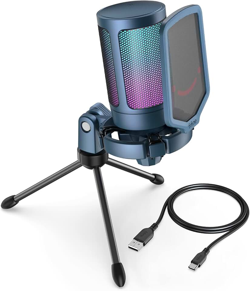 FIFINE Gaming Streaming USB PC Microphone for Mac OS/Windows, AmpliGame Condenser Cardioid Mic with RGB for Video Vocal Recording Twitch Discord, Gamer Computer Mic-Blue Global Recycled Standard