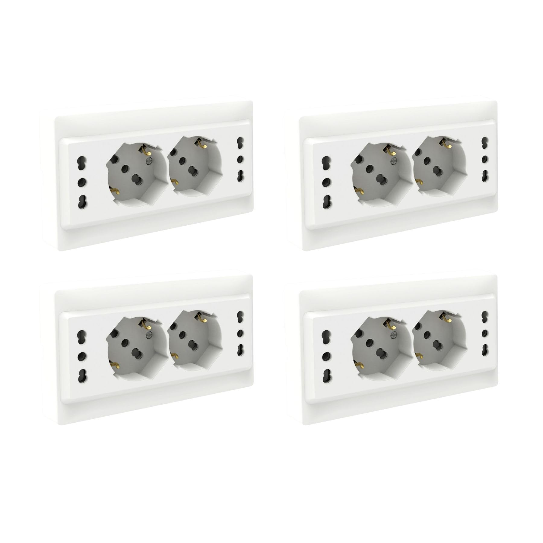 4 Pezzi Multipresa Da Incasso Scatola 503 Bianco Lucido, 2 Prese Schuko Universale P40 + 2 Prese Bipasso Italiano 10/16A, Solo 140X80X23mm
