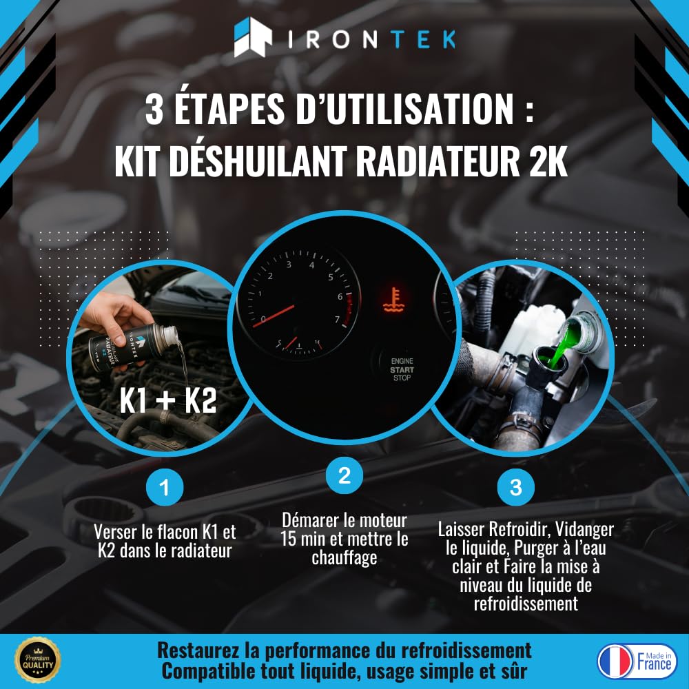 Déshuilant Radiateur 2K Curatif 2x150ml - IRONTEK | IT226 | Bi-Composant | Élimine Huile Boues Tartre | sans Démontage | Nettoyage Complet Système Refroidissement