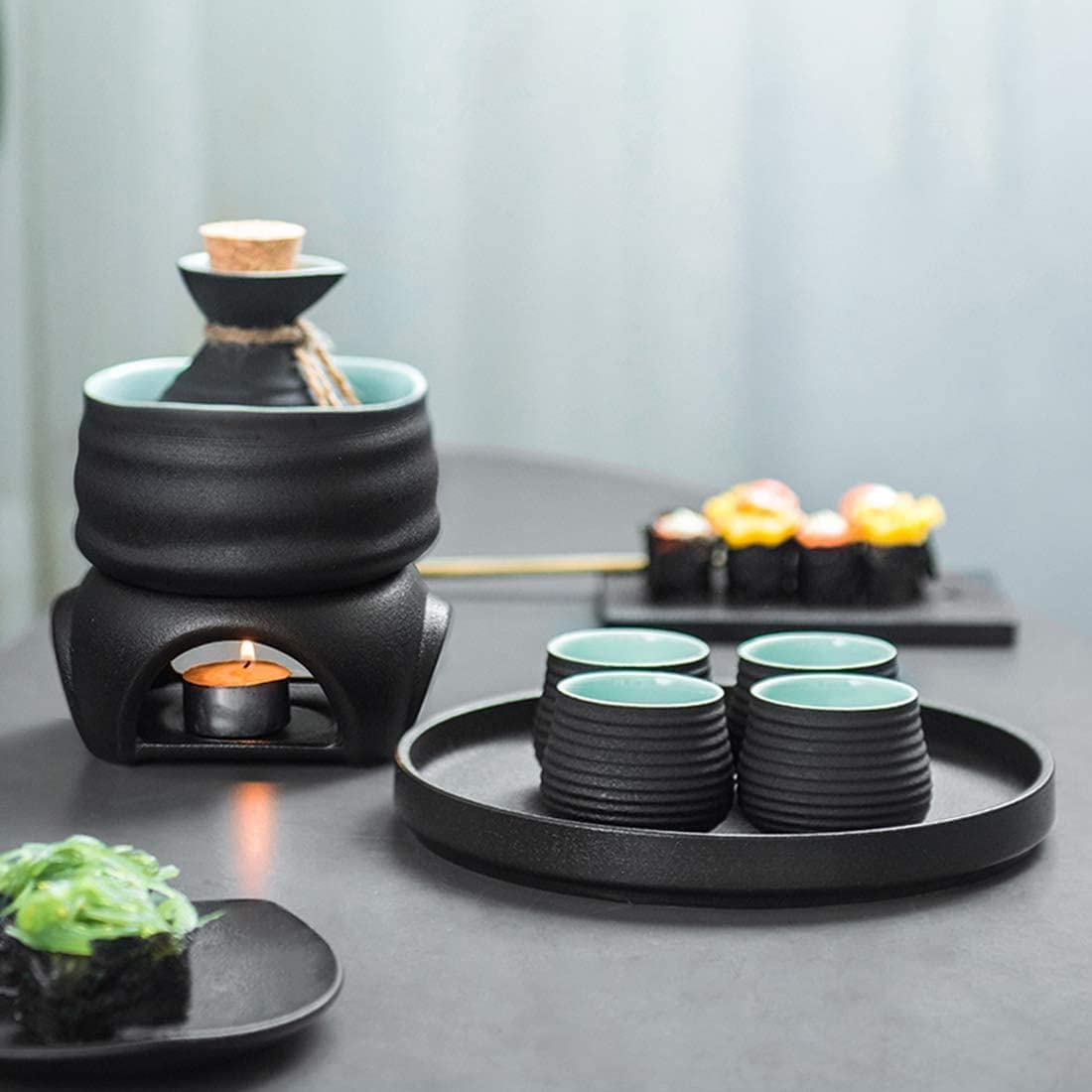 Ensemble de Tasses à saké japonaises Ensemble de 8 pièces avec réchauds et Plateaux pour la Maison, 7 pièces