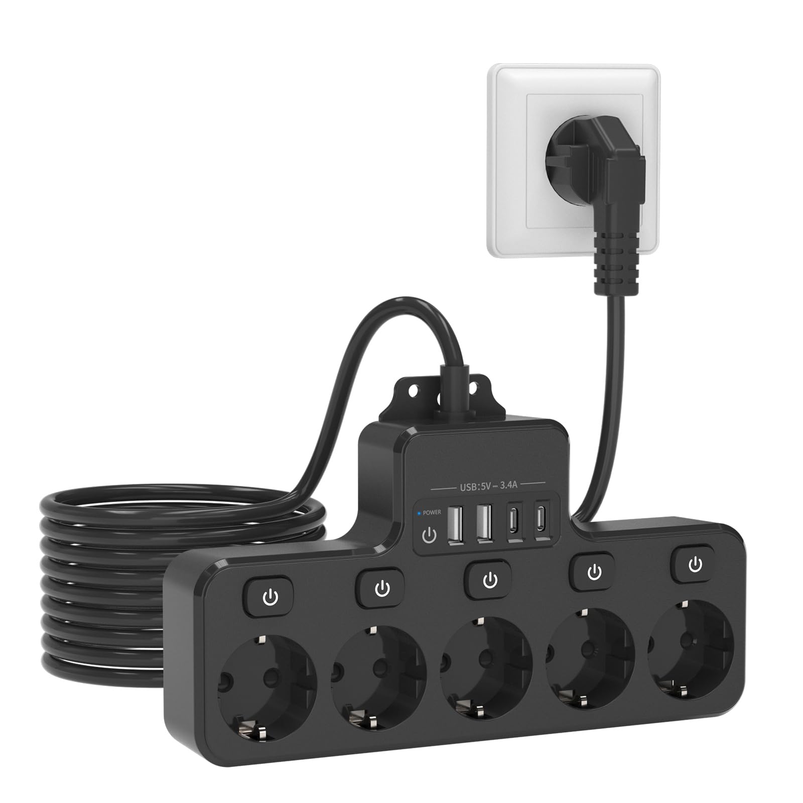 Steckdosenleiste mit Überspannungsschutz, 5 Fach Einzeln Schaltbar mit USB C, Mehrfachsteckdose 4000W, 2 USB C & 2 USB A, 2M Kabel, Wandmontage, für Büro, Küche & Gaming