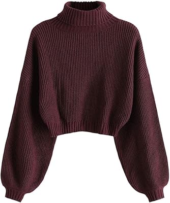 ZAFUL Women's Crew Neck Long Sleeve Pullover Crop Sweater Mock Neck Lantern Sleeve Ribbed Knit Cropped Sweater