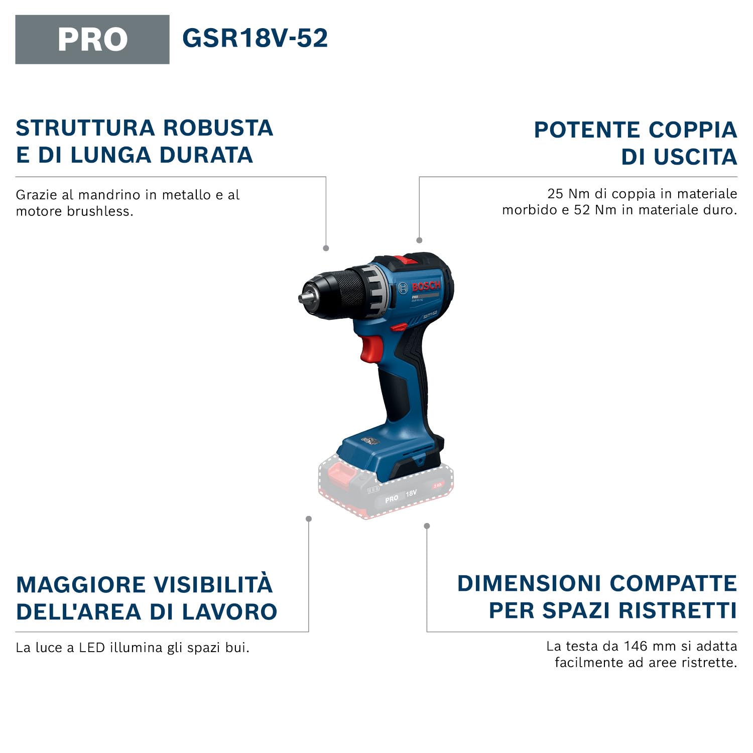Bosch PRO 18V System Trapano-avvitatore a batteria GSR18V-52 (incl. batteria GBA 18V 2.0Ah, GAL 18V-20, L-case)