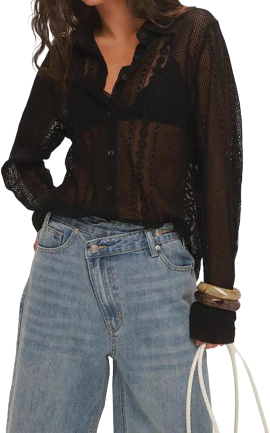 Women's Lace Long Sleeve Top Dressy Casual Embroidery Y2K Hollow Out Sheer Mesh Button Up Shirt Blouse