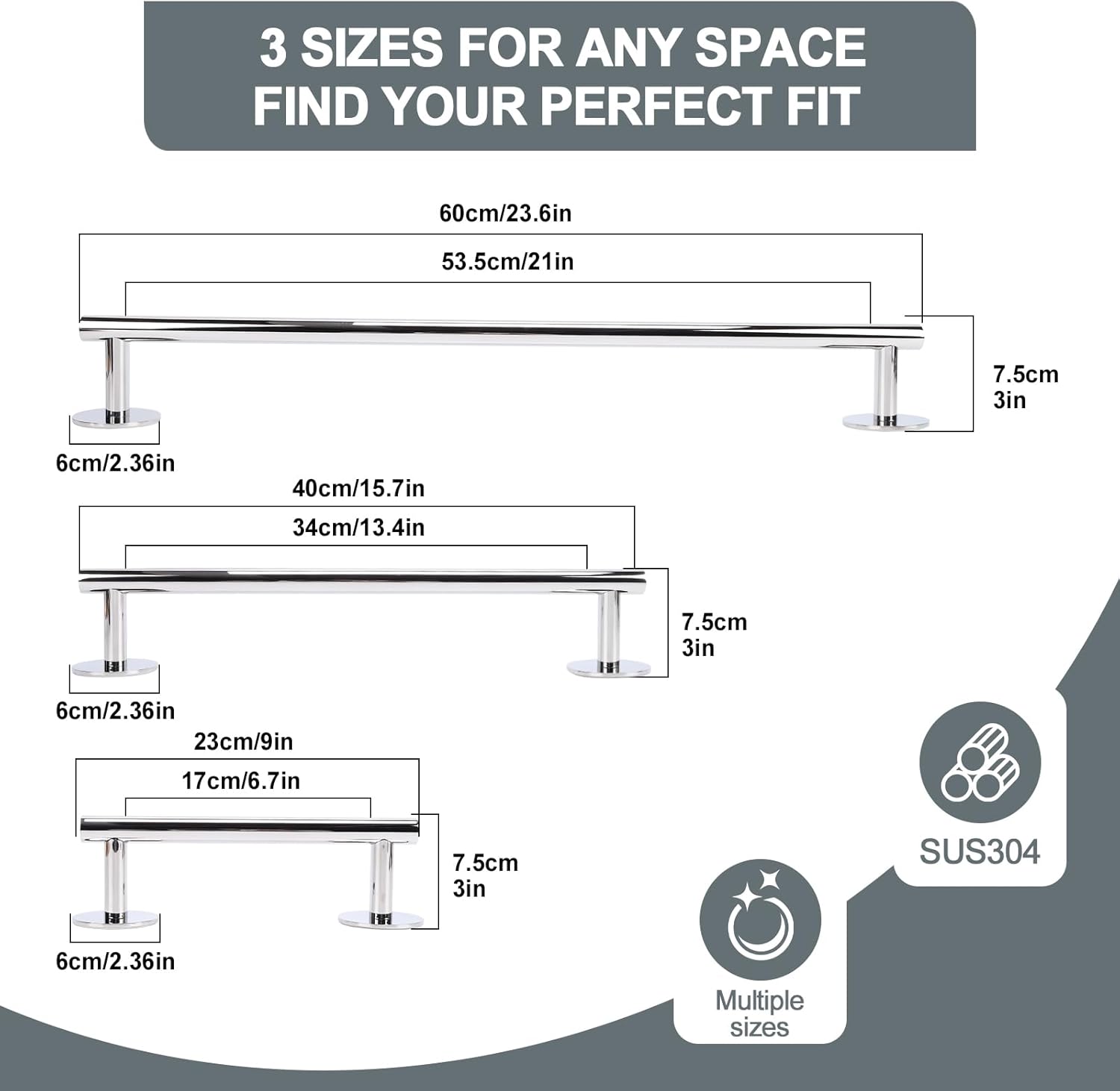 Polished Chrome Towel Bars, AcGlbauric 23.6-Inch Towel Racks for Bathroom or Kitchen Wall-Mounted, SUS304 Stainless Steel Towel Rod,Easy Install No Drill Bathroom Furniture