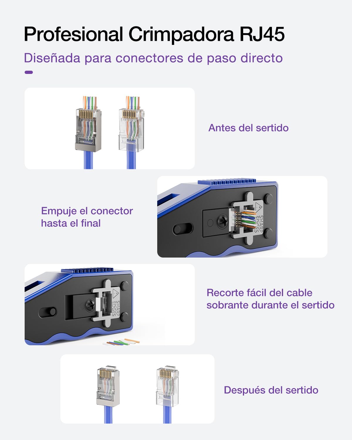 VCE Crimpadora RJ45 Cat7/Cat6A/Cat6/Cat5E GJ670BL Herramienta de Crimpado Universal Corte y Desforre