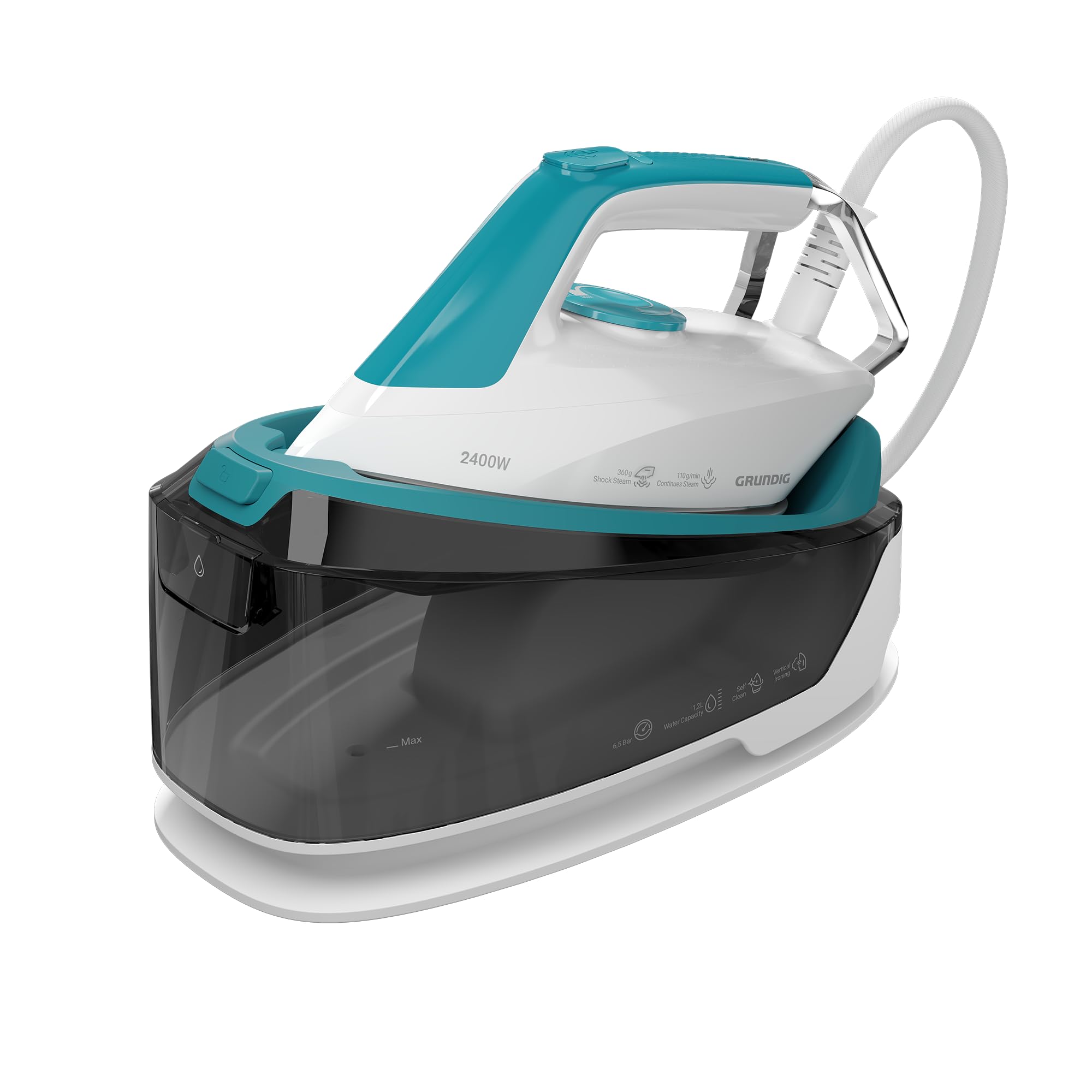 GRUNDIG Plancha de vapor SIS 6550 2400 W, 6,5 bar, vapor de 110 g/min y supervapor adicional de 360 g/min, suela de cerámica, autolimpieza y depósito de agua de 1,2 l, calentamiento rápido, blanco