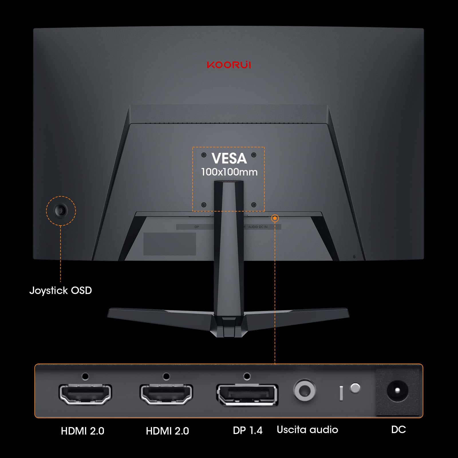 KOORUI 27 Pollici Gaming Monitor Curvo 180Hz QHD 1ms Adaptive Sync HDMI/DP | Inclinazione Regolabile, QHD 2560x1440, 1500R, DCI-P3 90%, HDR 10, VESA 100*100mm, per lavoro d'ufficio o per giocare
