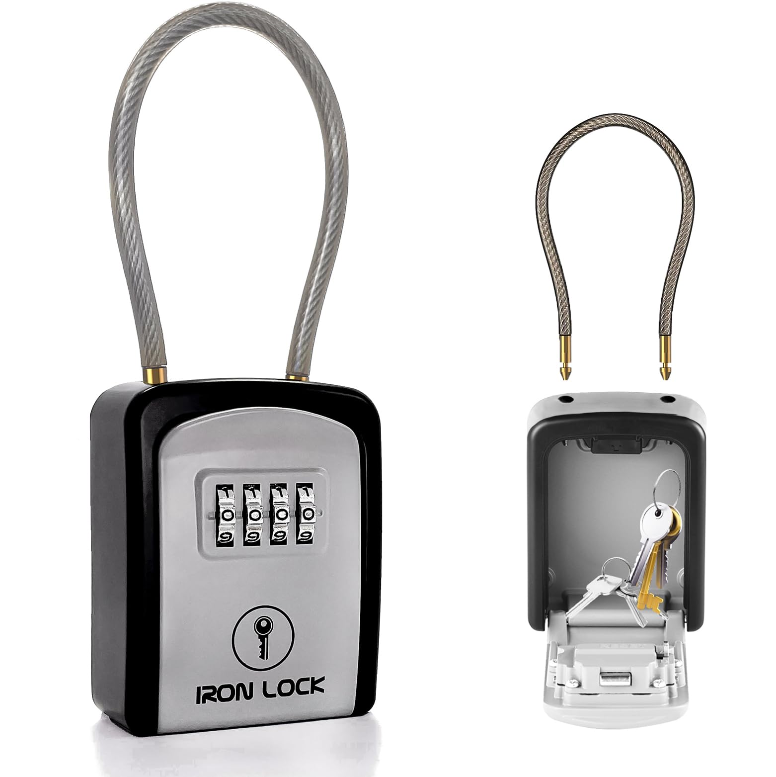 Iron Lock® Key Lock Box Portable with Removable Cable Shackle Indoor Outdoor Waterproof 4 Digit Combo Resettable Code with A B Switch Key Lockbox for Outside Spare Keys for Realtors (Small, Grey)