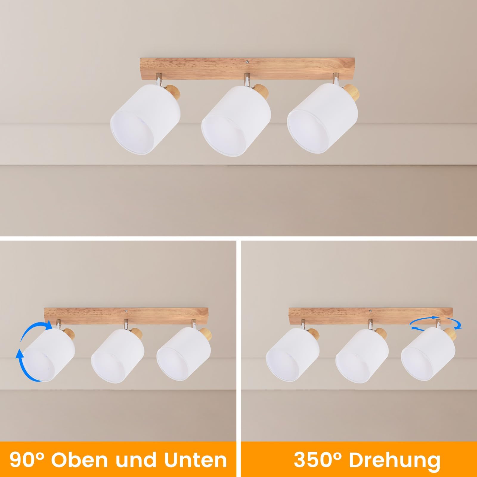 Glitzerlife Deckenlampe 3 Flammig Deckenstrahler Holz LED Deckenleuchte Vintage Boho E14 Schwenkbar 350° Retro MAX.25W