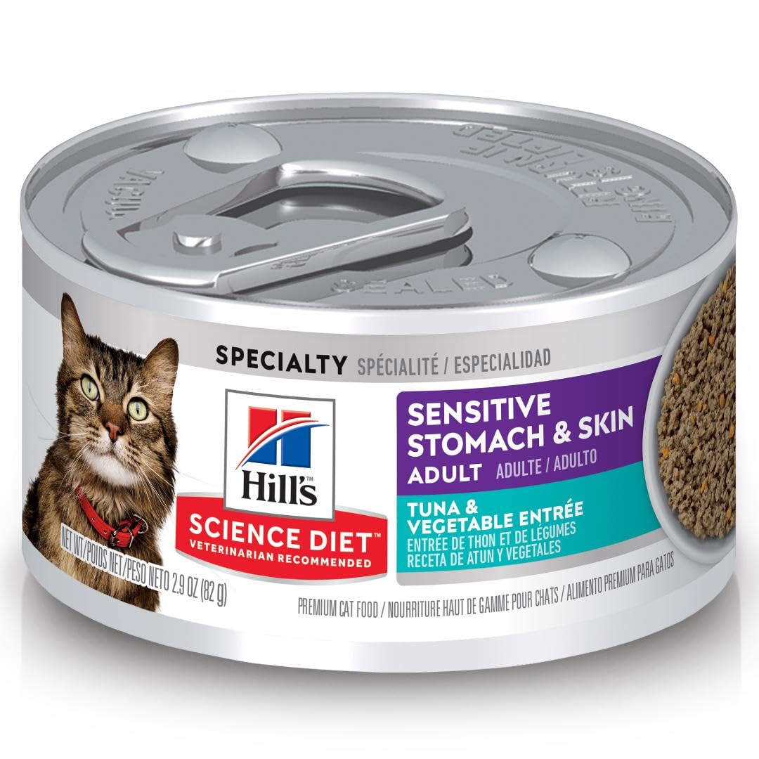 Hill's Science Diet Sensitive Stomach & Skin, Adult 1-6, Stomach & Skin Sensitivity Support, Wet Cat Food, Tuna & Vegetables Minced, 2.9 oz Can, Case of 24