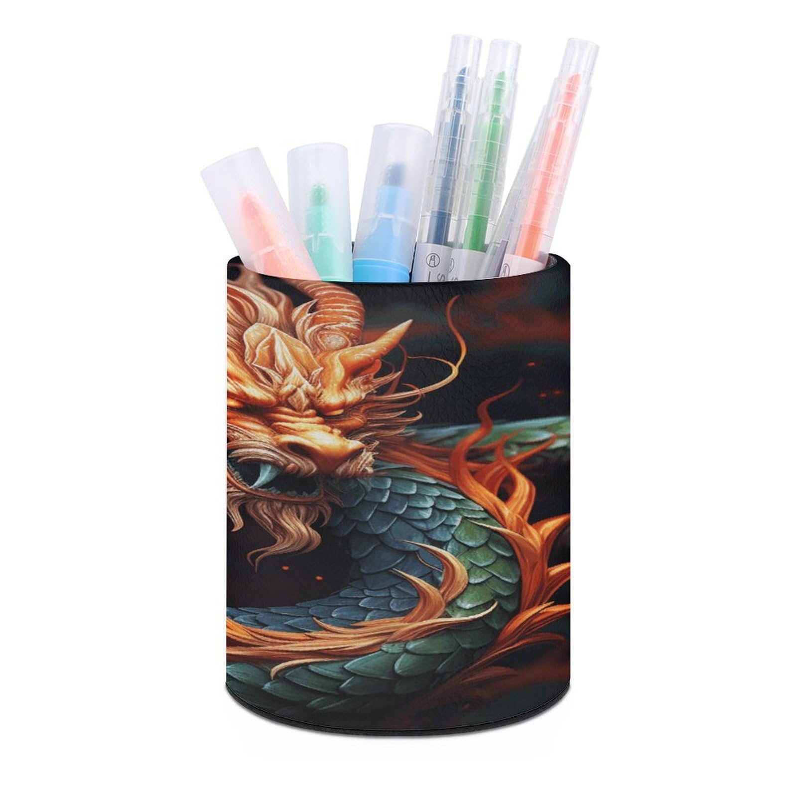 VstaDank Chinese Dragon Pen Holder PU Leather Pencil Cup Minimalist Desk Pencil Holder Round Make Up Brush Organizers For Office Dorm Room&Vanity Desk Accessories