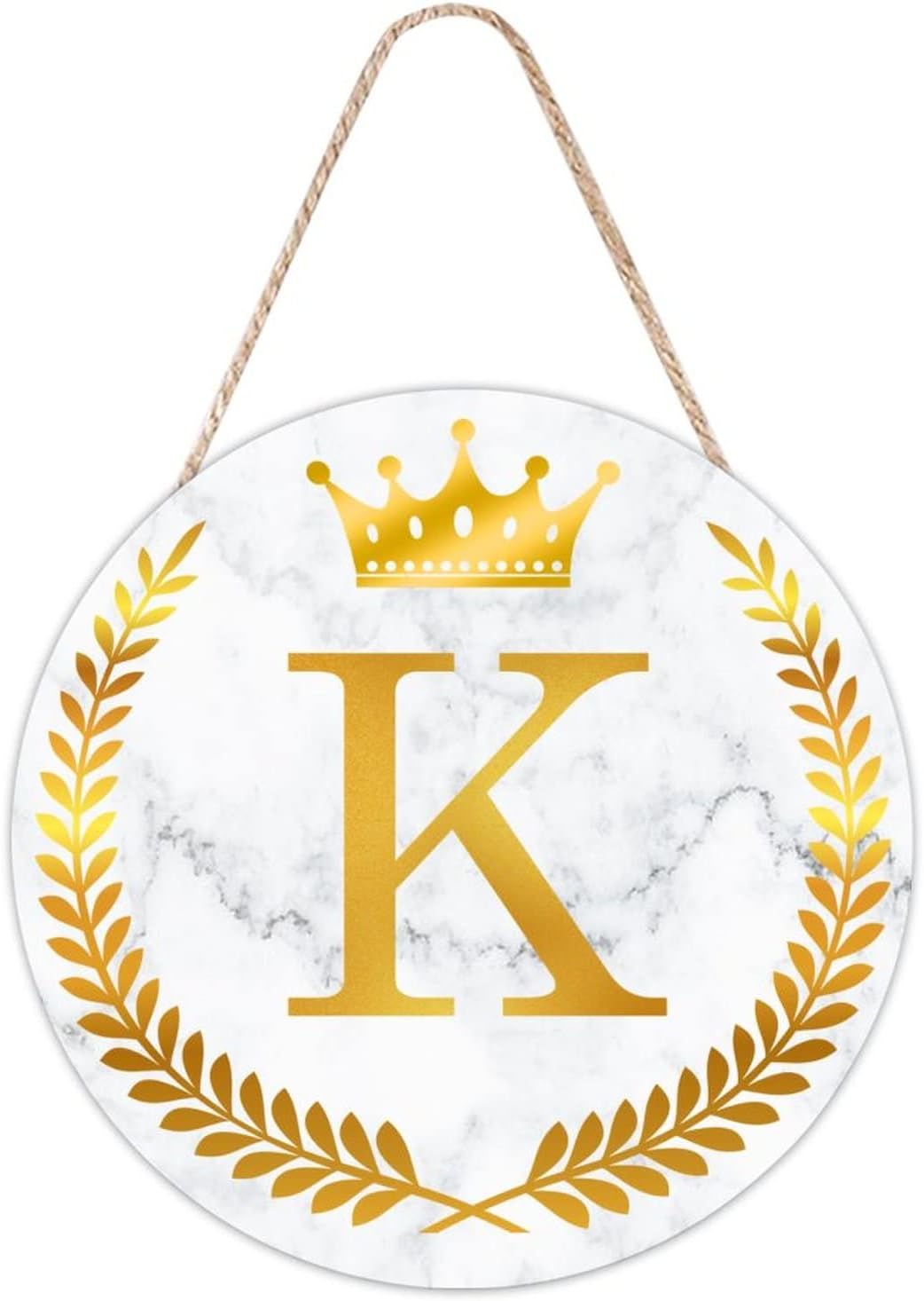 Farmhouse Rustic Round Wood Sign Gold Crown Wreath Monogram Letter Initial K Wooden Sign Shabby Chic Decorative Wood Wall Art Plaque Welcome Sign for Front Door Porch Garden Gate Home Decor 16x16