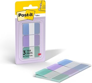 Post-it Sticky Tabs, 1 in. x 1.5 in., 3 Pads of Book Tabs in Assorted Cool Pastel Colors for Bookmarking, Annotating, Reading, and Reminders, Blue, Purple, and Green Colors (36 Total Count)