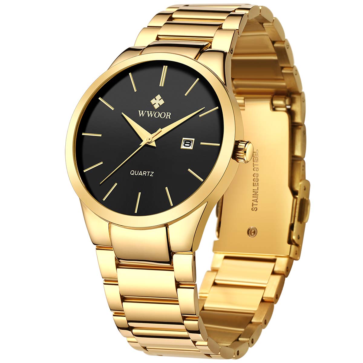 WWOOR Relojes de cuarzo de acero inoxidable y metal negro y dorado para hombre, reloj de pulsera casual impermeable con fecha.., Oro Negro-Analógico