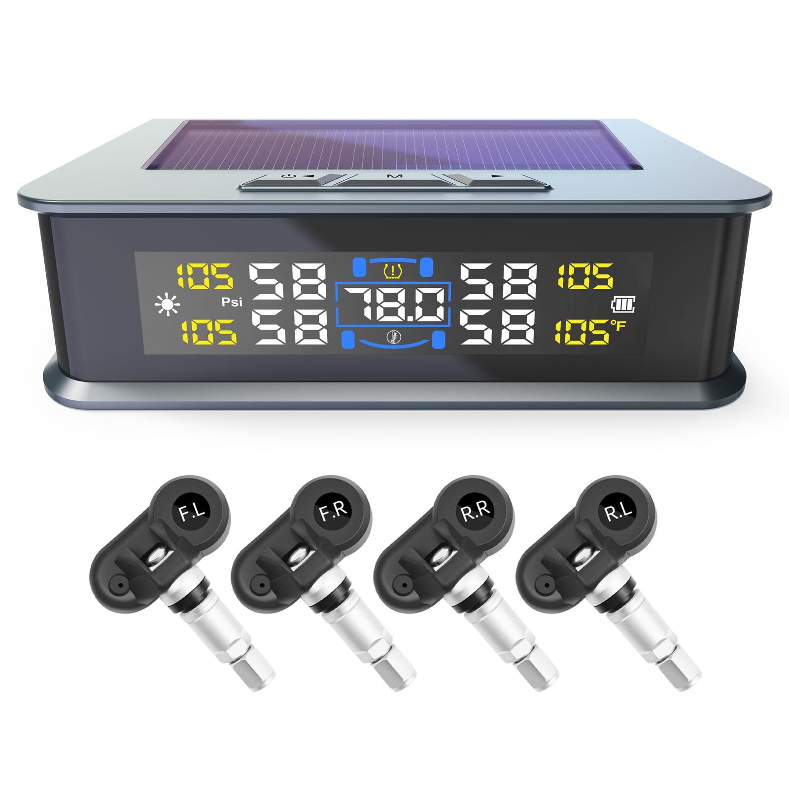 Shkalacar Reifendrucksensor Überwachungssystem, Reifen Drucküberwachungs System mit 4 internen Sensoren, Echtzeit-Anzeige Temperatur Druck, Solar Reifen Druckmonitor für PKW SUV