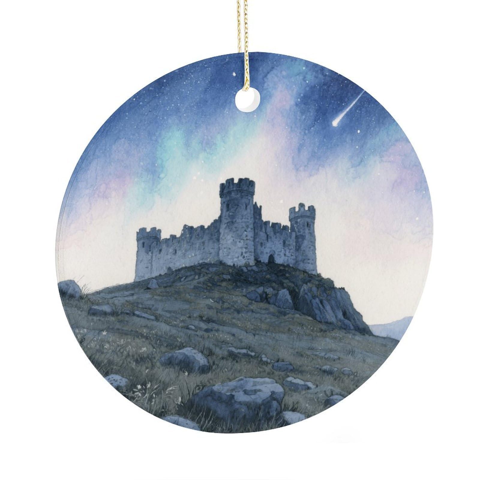 Fekiloot Style Hilltop Castle Christmas Ornaments 2.9 Inch Round Ceramic Ornament Keepsake Thank You Gifts For Office, Room, Home - Holiday Present Ideas