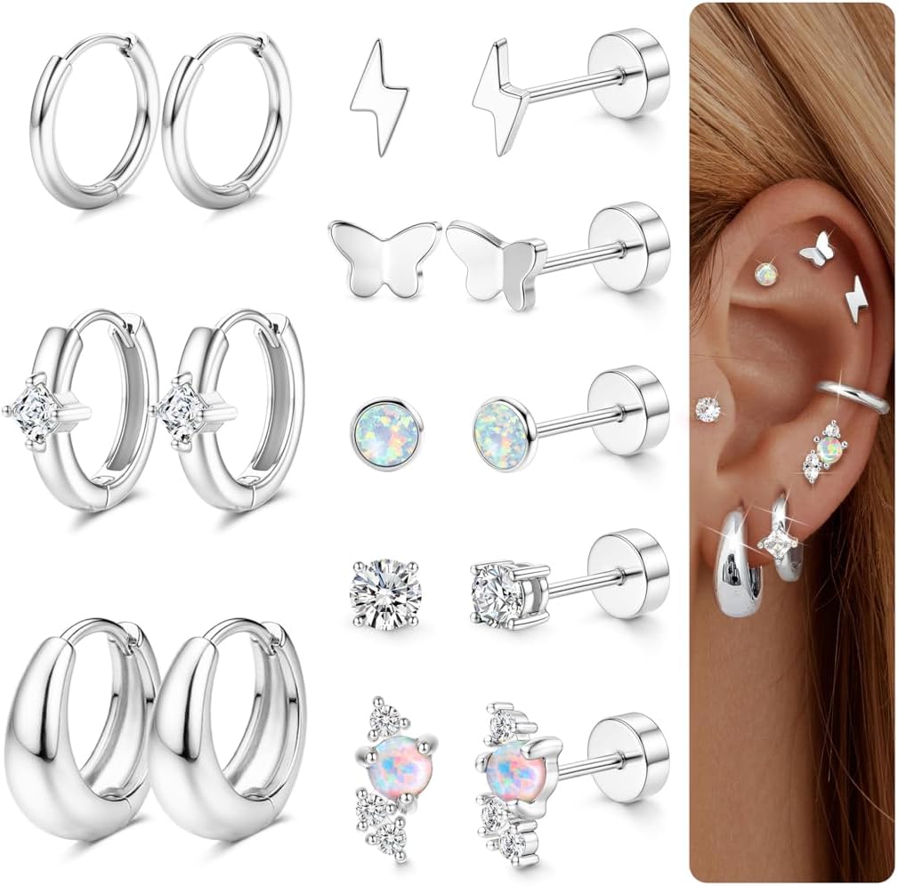 FUNRUN JEWELRY Hypoallergenic Flat Back Earrings for Women Surgical Stainless Steel Earring Sets for Sensitive Ear Small Stud Hoop Cartilage Earrings Flatback Stud Earring Stacks for Multiple Piercing