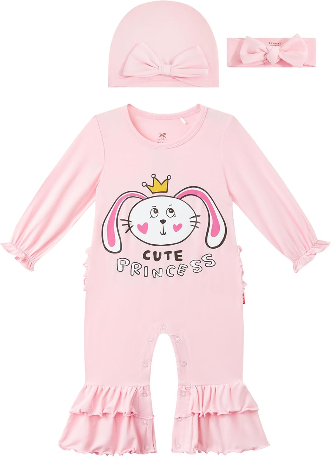 Baby Girls Clothes Newborn Ruffled Cuffs Romper Infant Bell Bottom Jumpsuit with Headband Hat